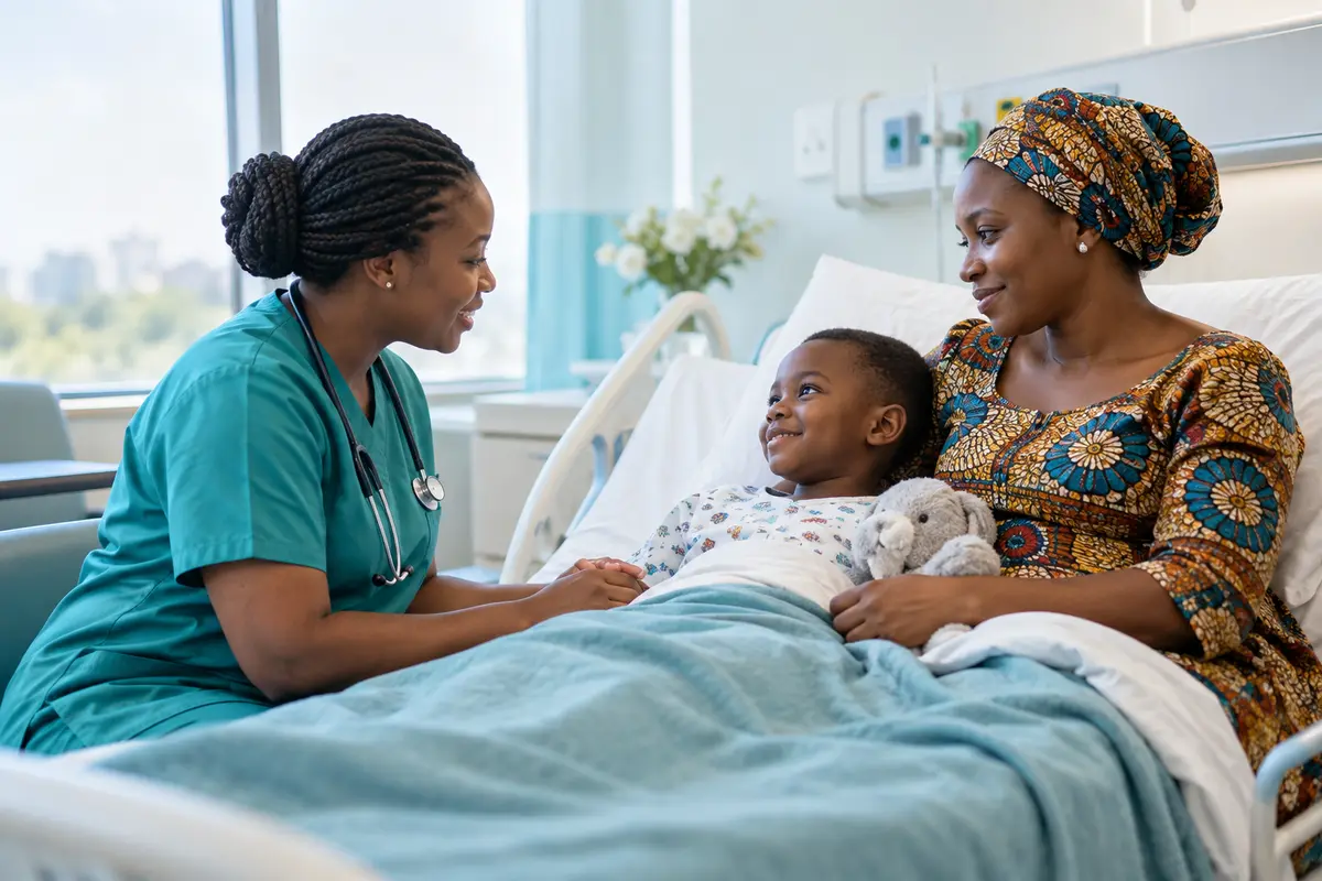 A healthcare worker speaking with a mother and child in a hospital